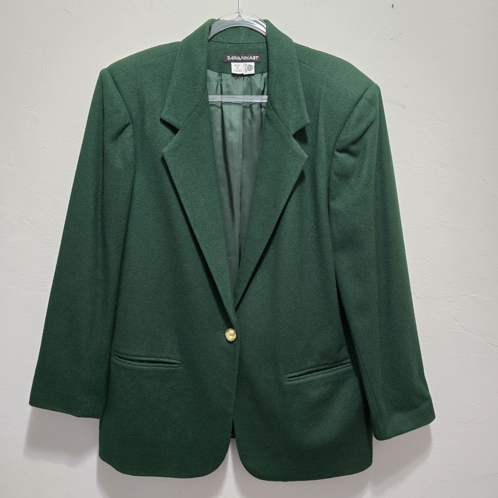 Savannah Hunter Emerald Green 100% Wool Blazer 16 Single Button Vintage Jacket